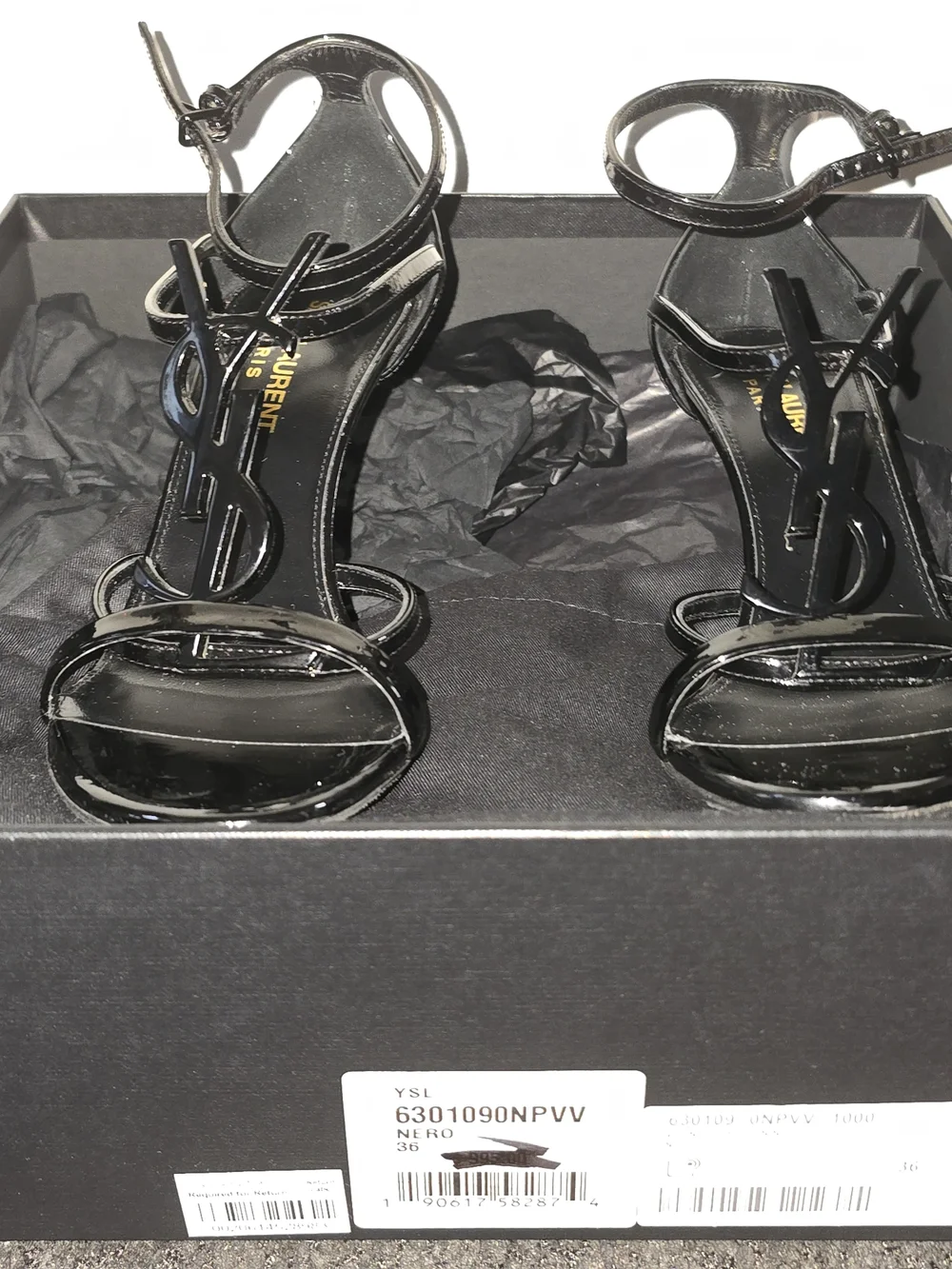 Saint Laurent Black Patent Leather T-Strap Logo High Heels - Picture 2 of 5